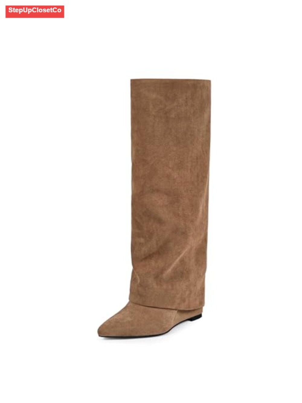 Womens Knee High Fold Over Boots Wedge Heel Pointed Toe Wide Calf Faux Suede